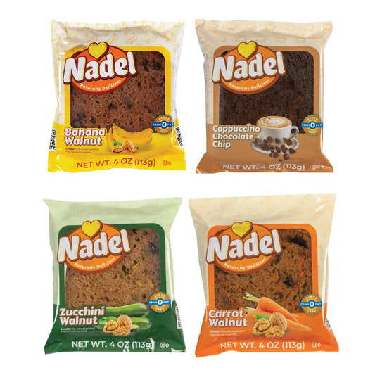 Nadel - Naturally Delicious Sweet Breads Variety Pack (Banana Walnut, Cappuccino Chocolate Chip, Carrot Walnut, Zucchini Walnut). (4 Pack, 1 Bread Per Flavor)
