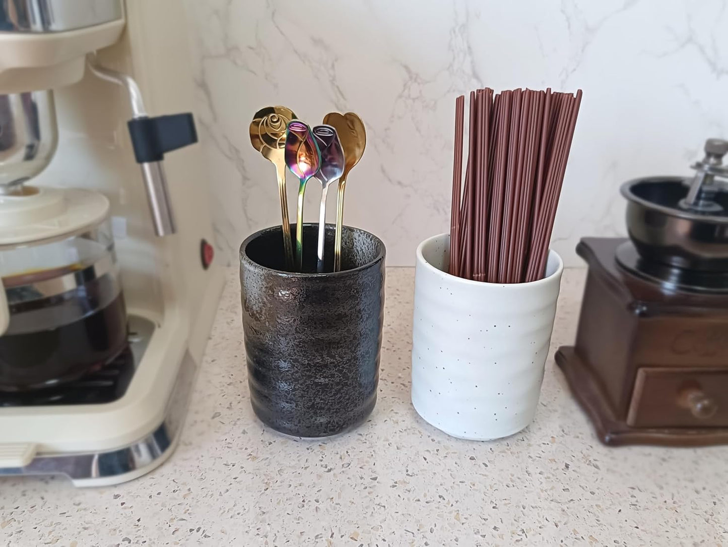 Stoneware Coffee Bar Utensil Holder Tea & Coffee Spoon & Stirrer Holder for Stir Stick Straw Teaspoon Holder Spoon Cup Small Utensil Jar (Retro Black)