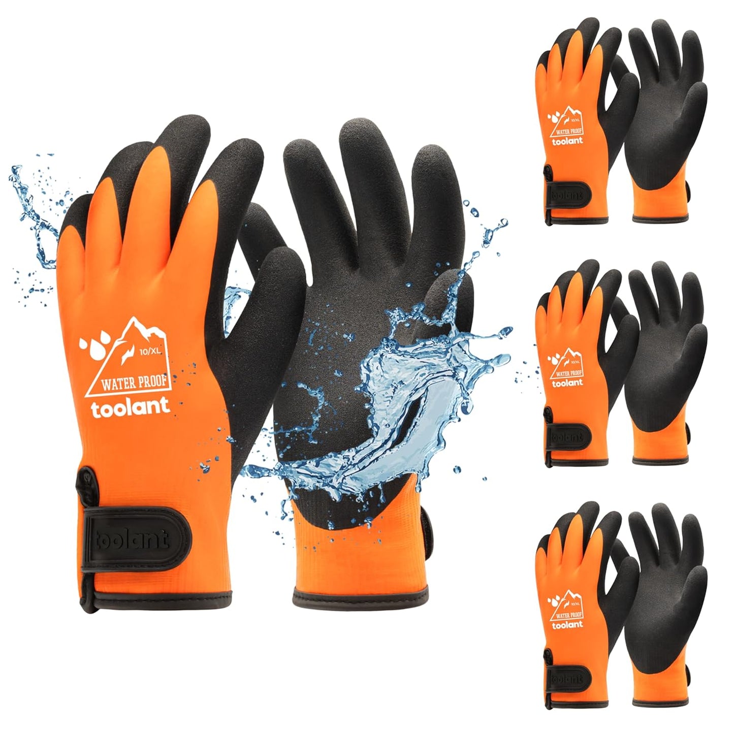 toolant 100% Waterproof Gloves Bulk Pack, 3 Pairs, Winter Work Gloves for Extreme Cold, Touchsreen, Warm Gloves for Freezer, Fishing and Gardening, with Grip, Orange, X-Large