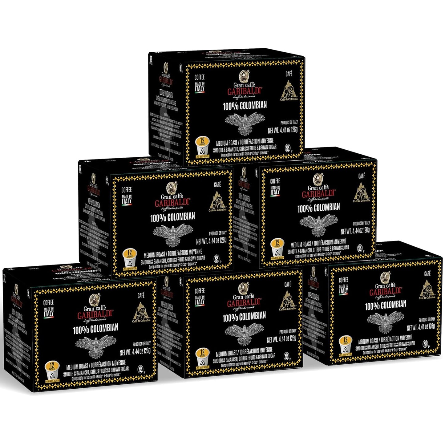 Caffè Garibaldi Colombian Coffee Pods, for Keurig K-Cup Brewers, Single Serve Cups, 100% Arabica Blend for Coffee Makers, 72 Count Recyclable Pods - Medium Roast