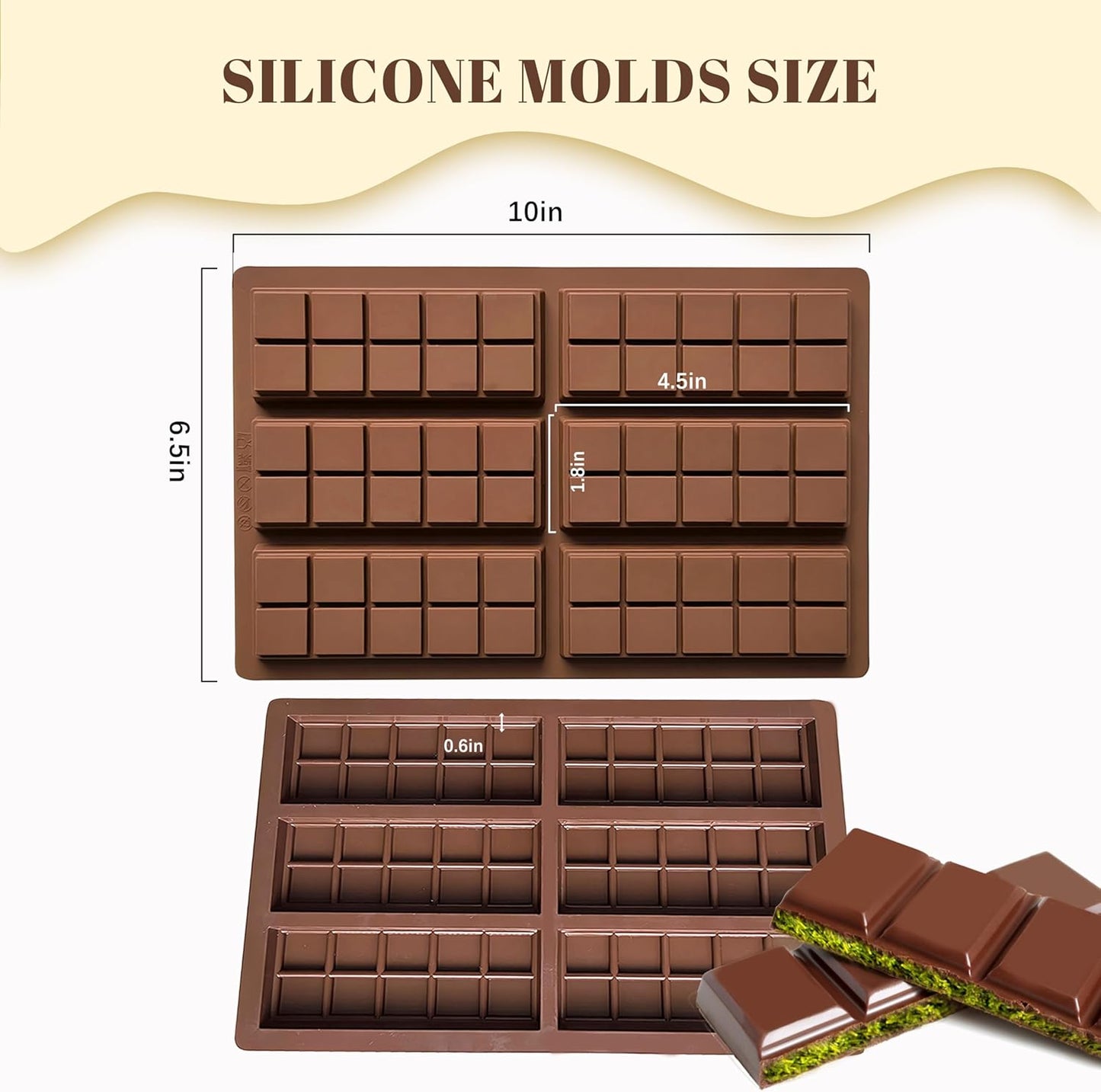 2 Pack Chocolate Bar Mold Deep for Stuffed Bar, Non-Stick Thick Chocolate Molds, Silicone Chocolate Candy Molds for Knafeh Pistachio Chocolate Bar, Candy, DIY Handmade Gifts (2 Pcs 10Snap)
