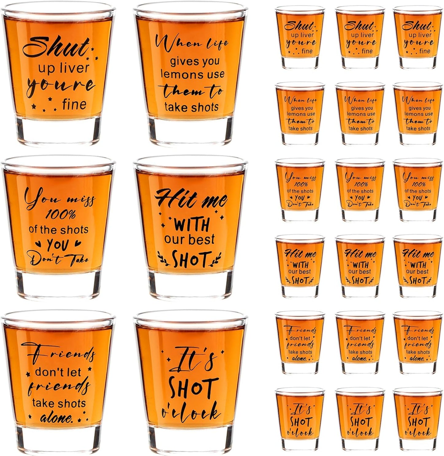 Kolewo4ever 24 Pieces Funny Friends Shot Glasses Funny Friends Shot Glasses Clear Glass Cups with Heavy Base for Adult Small Glass Shot Cups 1.75 oz Shot Glass for Best Friend