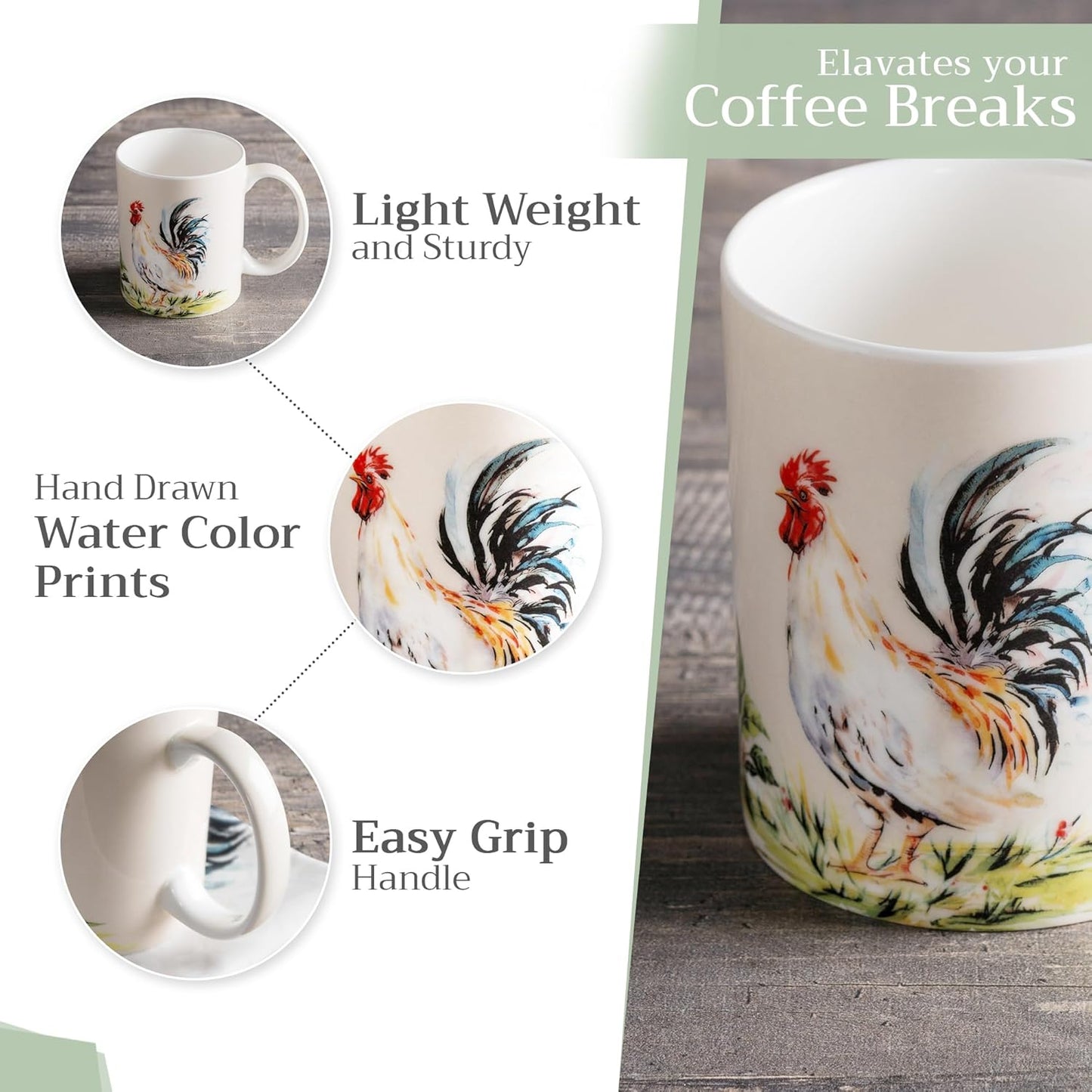 Maison d' Hermine Coffee Mug with Handles Fine Bone China Mugs Pack of One Tea Cups for Hot Beverages Cappuccino Latte Home Restaurant Office Perfect for Gift (Campagne - Coq, 15 Ounce)