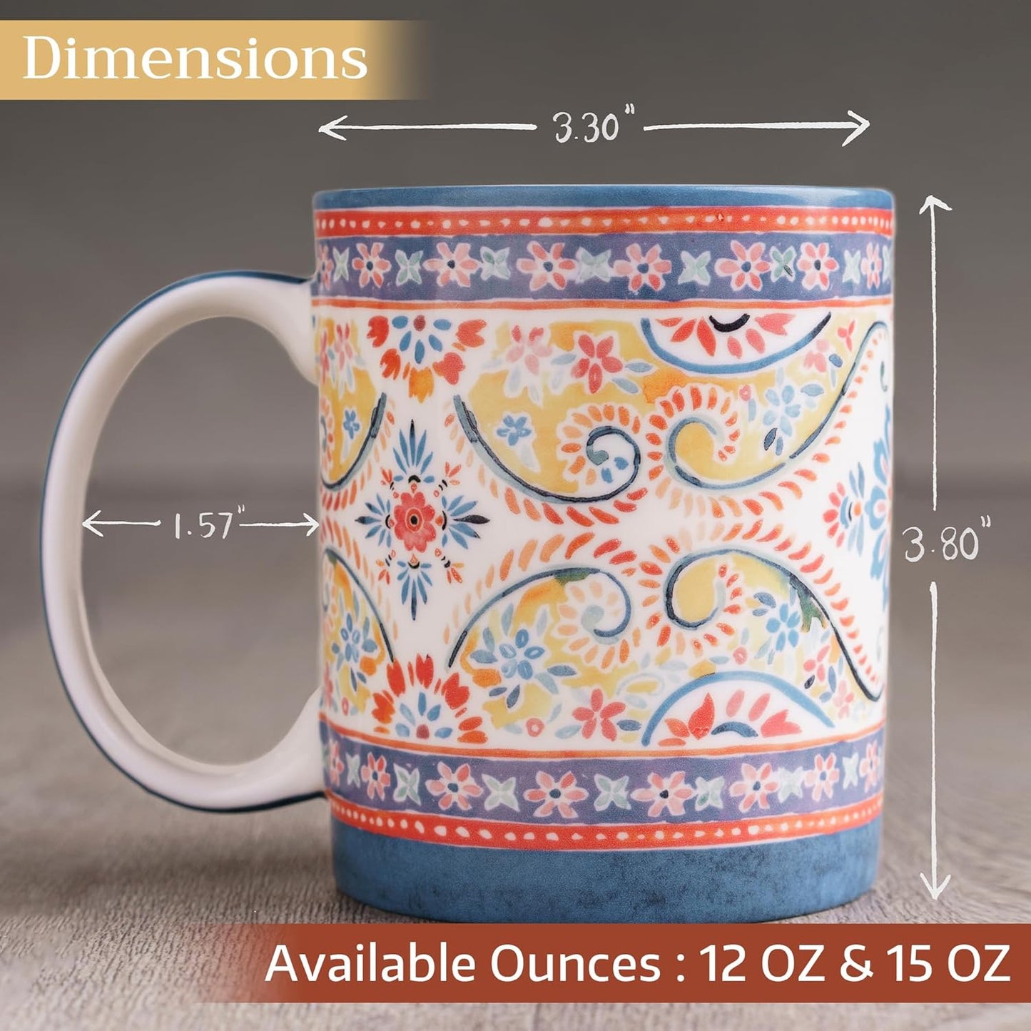 Maison d' Hermine Coffee Mug with Handles Fine Bone China Mugs Pack of One Tea Cups for Hot Beverages Cappuccino Latte Home Restaurant Office Perfect for Gift (Indian Floral - Butta, 12 Ounce)