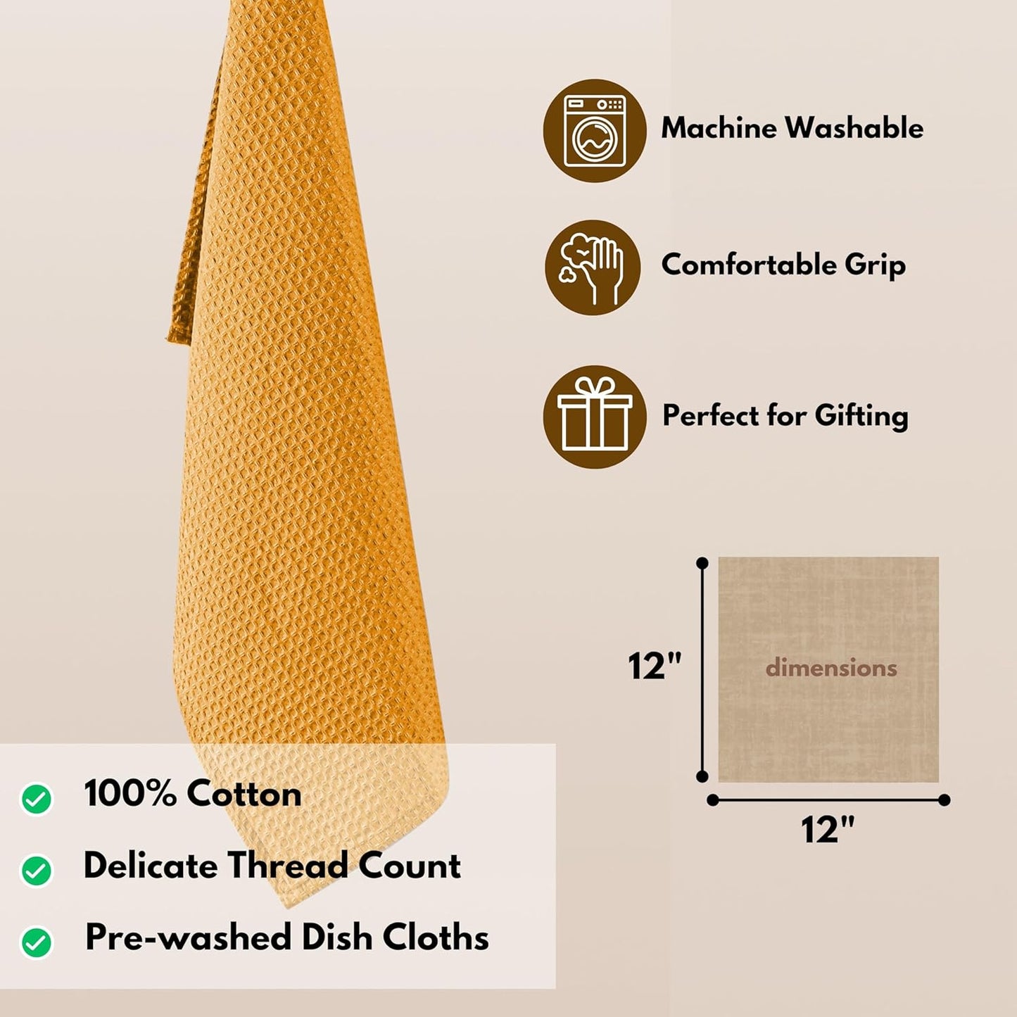 Native Fab Waffle 12 Pack Dish Cloths - 100% Cotton, Absorbent, Quick Drying, Washable Towels for Cleaning, Cooking - Great for Home, Restaurants, Bars, Multi Purpose Use - 12"x12" - Mustard Yellow