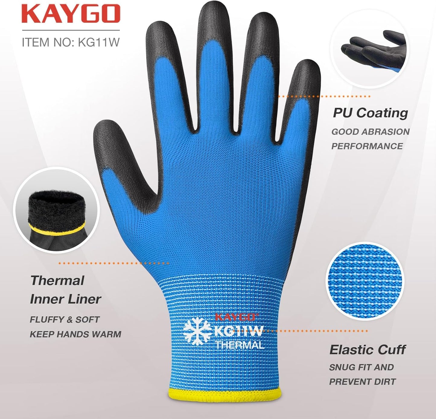 KAYGO Winter Work Gloves for Men and Women, 12 Pairs Thermal Insulated Safety Work Gloves PU Coated, Smooth Grip on Palm & Fingers,Ideal for Freezer Work,Blue,XL