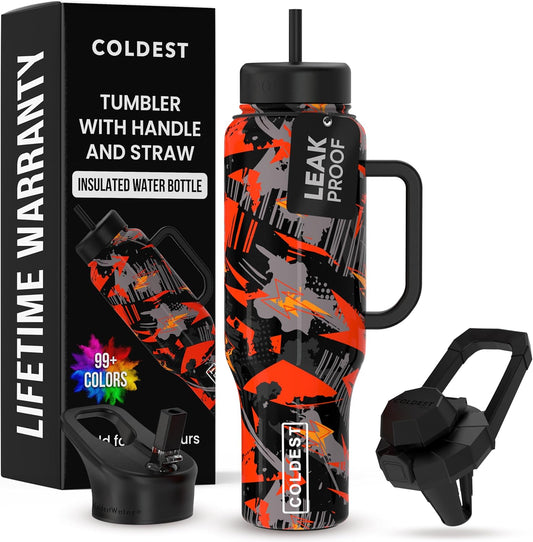 Coldest 40 oz Tumbler with Handle and Straw - 100% Leak Proof Insulated Tumbler with Lid and Straw (3 Lids) - Stainless Steel Tumblers for Women & Men - Cup Holder Friendly Base, 46 oz (Savage Red)