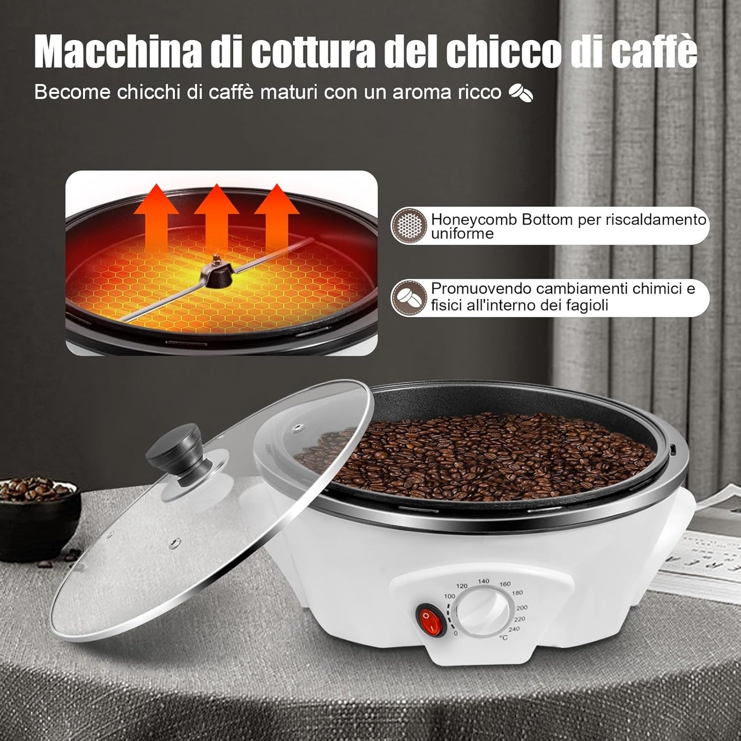 Electric Coffee Roaster, 110V 800W Household Coffee Bean Roasting Baking Machine w/Lid, 500g Capacity(Raw Coffee Beans), 0-240℃ Temperature Adjustment, Non-Stick, for Cafe Shop Home Use