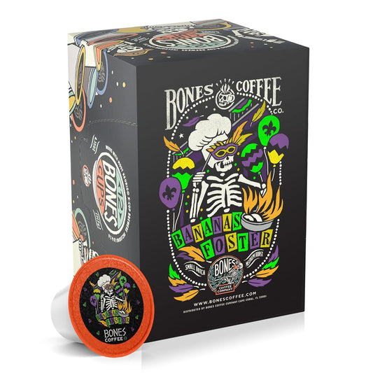 Bones Coffee Company Flavored Coffee Bones Cups Bananas Foster Flavored Pods | 12ct Single-Serve Coffee Pods Compatible with Keurig 1.0 & 2.0 Keurig Coffee Maker