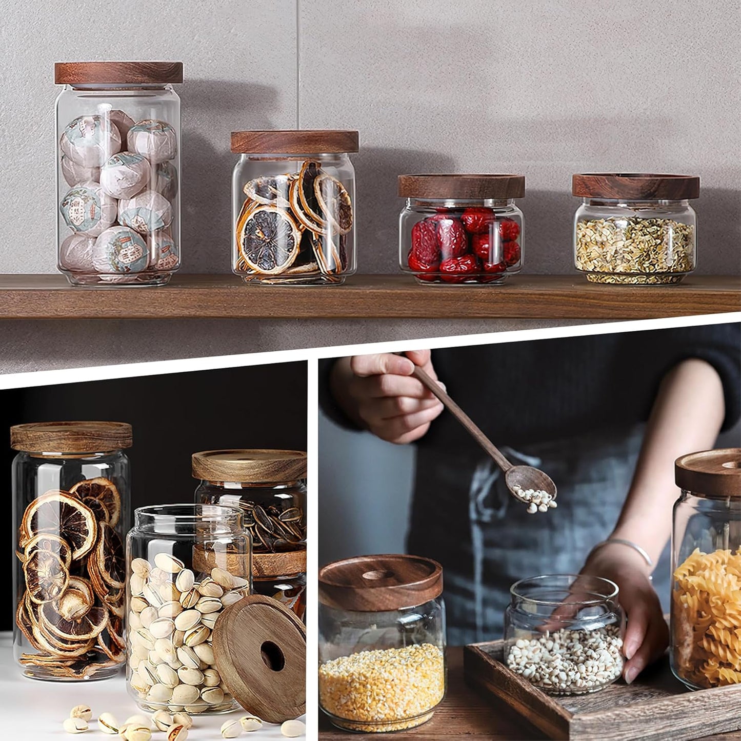 960ML/32Oz Clear Cute Glass Storage Canister Holder with Stackable Airtight Wood Lid, Modern Decorative Container Jar for Coffee, Spice, Candy, Salt, Cookie, Condiment, Pepper, Sugar