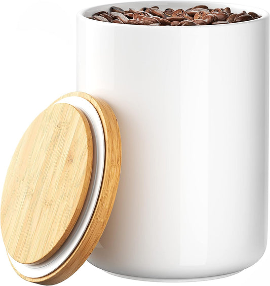 White Ceramic 1050mL 4 cup Food Storage Jar Canister with Airtight Bamboo Lid and Silicone Seal Container for Counter - Great for Coffee Sugar Treat Snack Treats for Dog Cat Rawhide Milkbone (White)