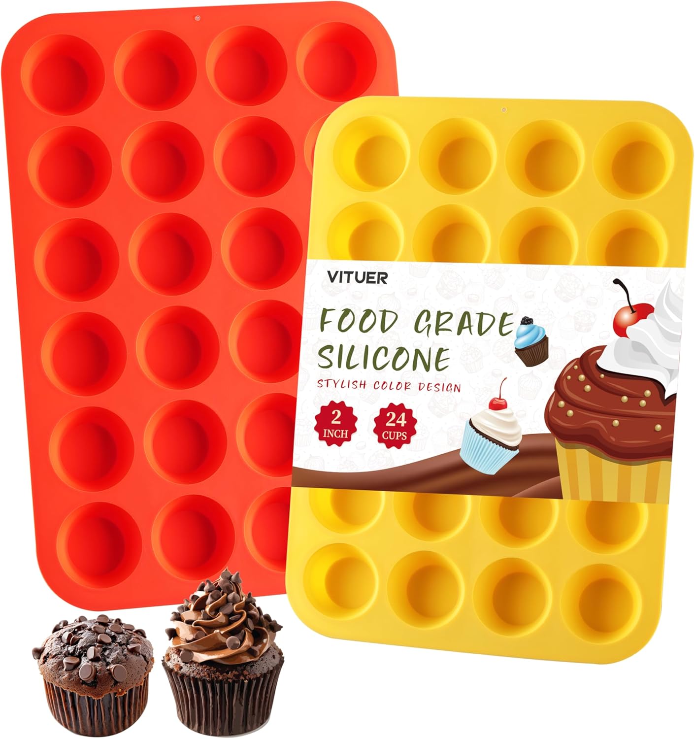 2PCS Silicone Mini Muffin Cupcake Pan, Non-Stick 24-Cavity Silicone Muffin Pans for Baking, Great for Making Muffin, Cakes, Tart, Bread, BPA Free, Dishwasher Safe (Red+Yellow)
