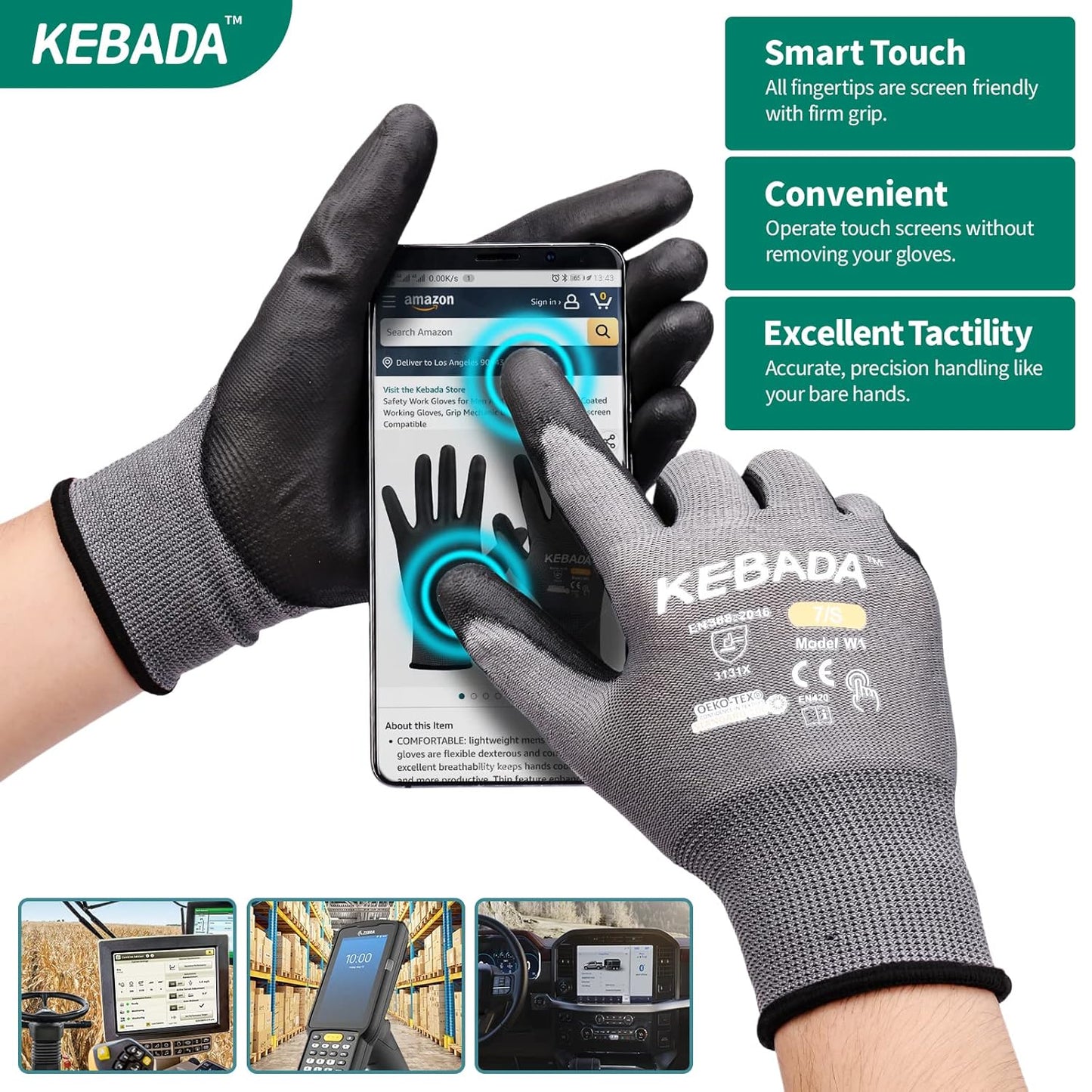 Kebada W1 Work Gloves for Men and Women, PU Coated Safety Gloves with Grip, Touchscreen, Ideal for Warehouse Package Handling, Construction, Gardening, 12 Pairs Gray Medium