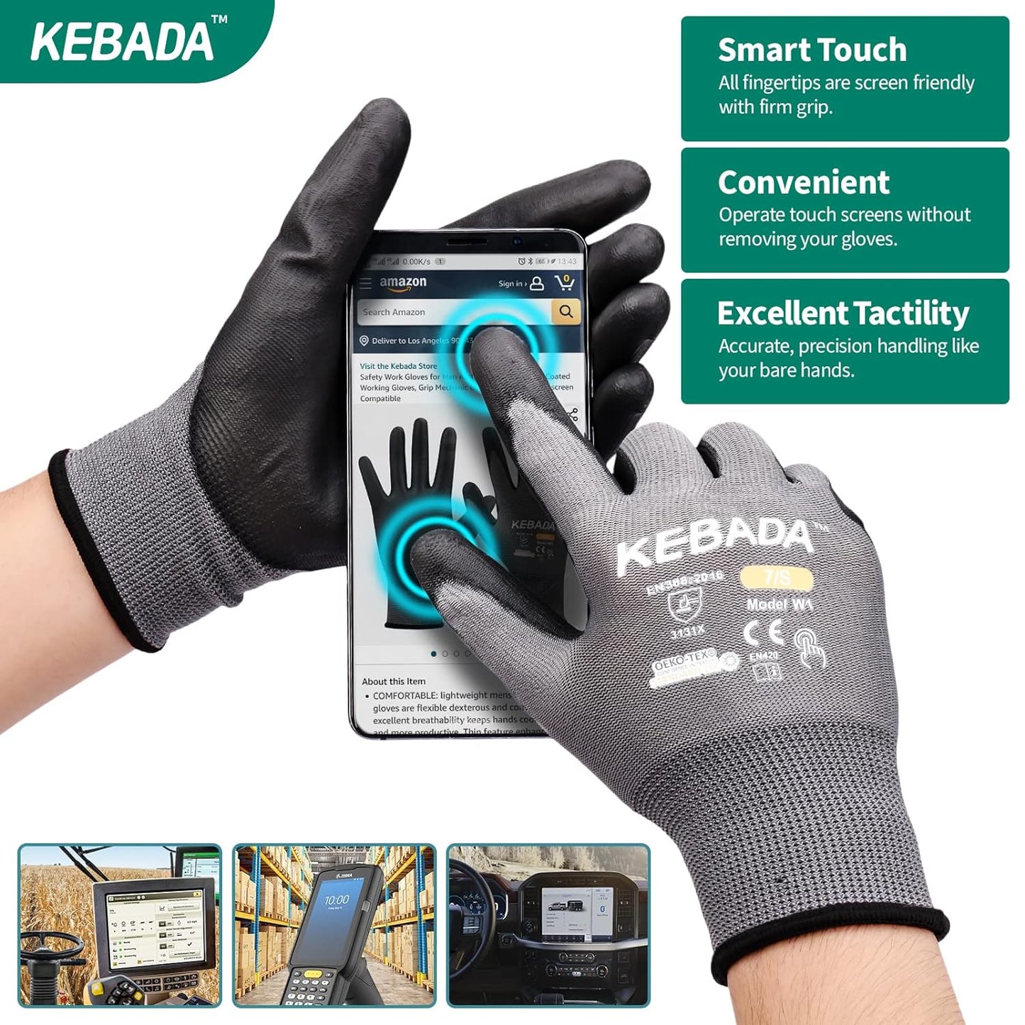 Kebada W1 Work Gloves for Men and Women, Touchscreen PU Coated Gloves with Grip, 50 Pairs Bulk Pack, Ideal for Warehouse Package Handling, Construction, Gardening, Gray X-Large