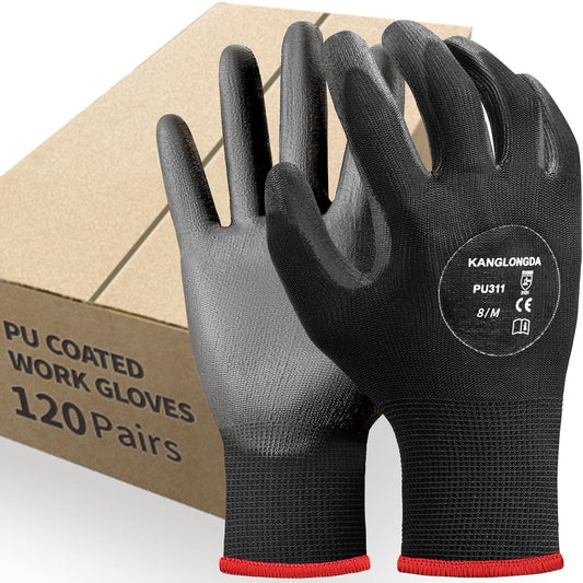 Kebada 120 Pairs Work Gloves Bulk Pack, Mens Work Gloves with Grip, PU Dipped Gloves for Warehouse, Construction, Gardening and Mechanics, Black, Medium