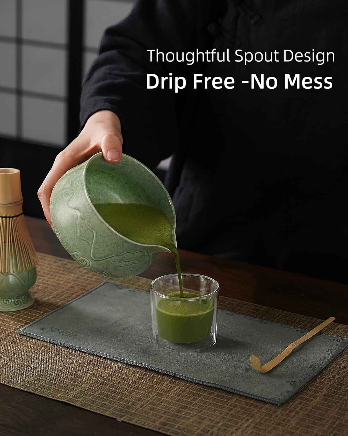 ZENS Matcha Whisk Set, 15oz Ceramic Matcha Bowl with Spout and Bamboo Whisk, (Chasen Holder) Scoop & Tea Towel, 5pcs Matcha Kit for Matcha Ceremony, Emerald Green