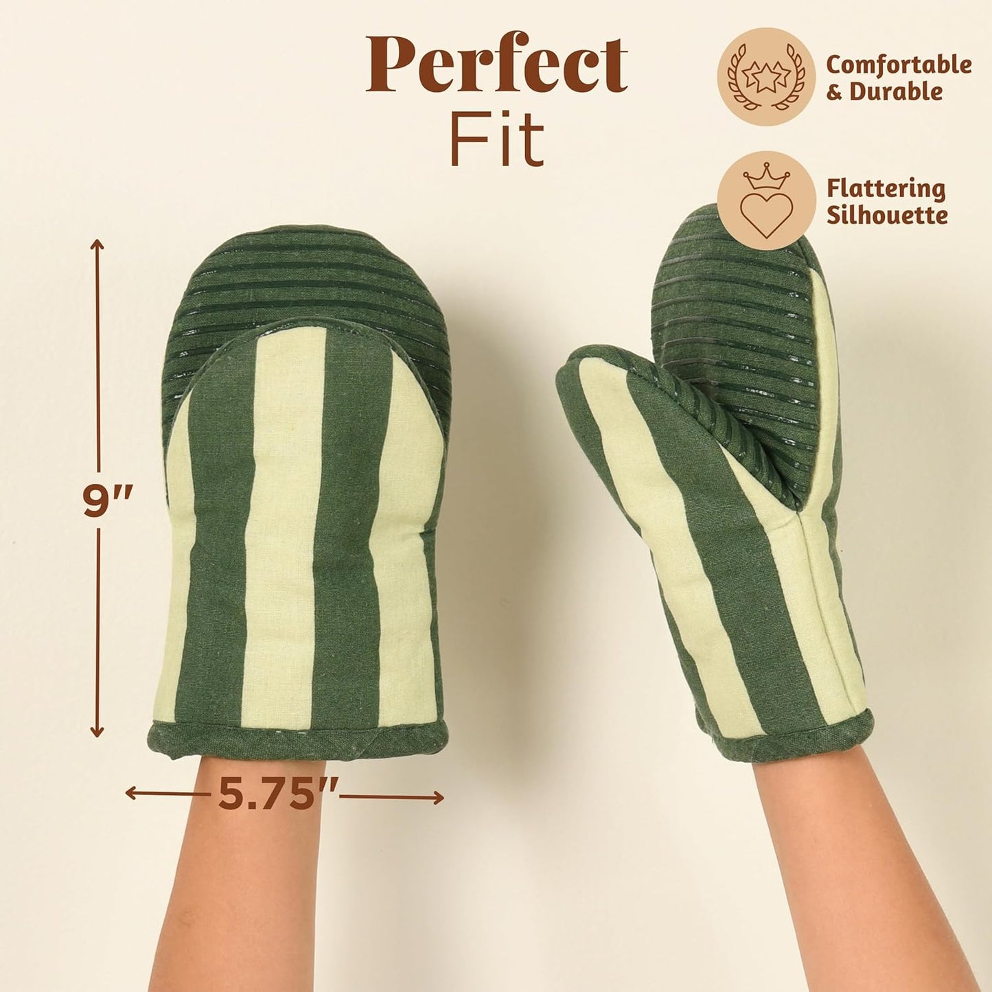 Folkulture Mini Oven Mitts Heat Resistant | (5.75 x9) Set of 2 Green Short Oven Mitts with Hanging Loop | 100% Cotton Oven Gloves | Kitchen Mittens, Matcha Small Silicone Oven Mits