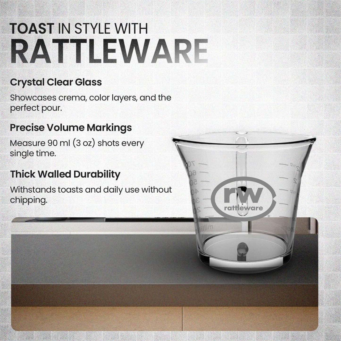 Rattleware 3 Oz Double Spouted Glass Espresso Shot Pitcher with Graduated Ml & Oz Markings Commercial-Grade Measuring Cup for Barista Precision and High-Volume Pouring
