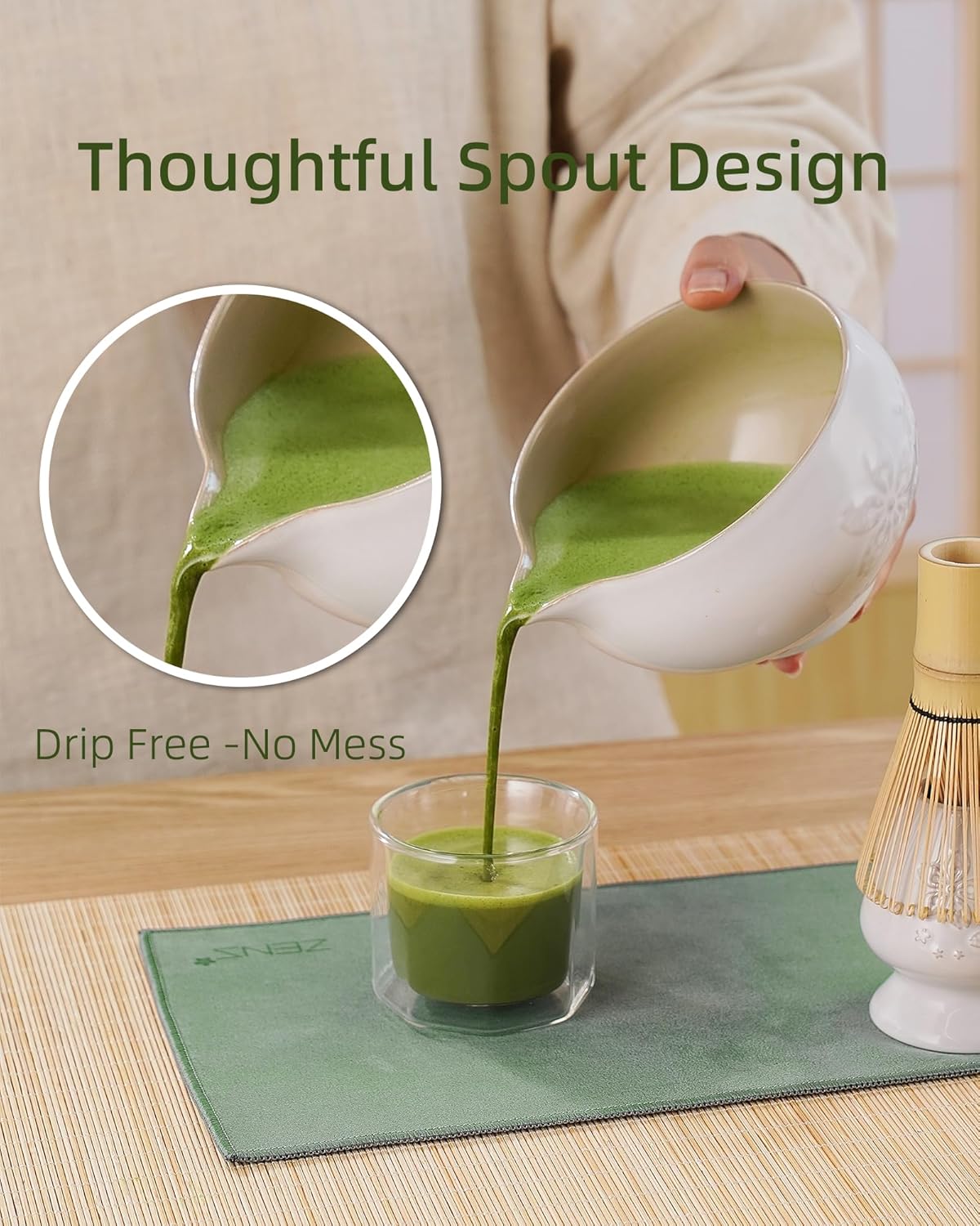 ZENS Matcha Whisk Set, Ceramic Matcha Set Includes 15oz Sakura Bowl, Bamboo Whisk & Chasen Holder, Scoop & Sifter-Tea Towel, 6pcs Matcha Kit for Matcha Lovers, White