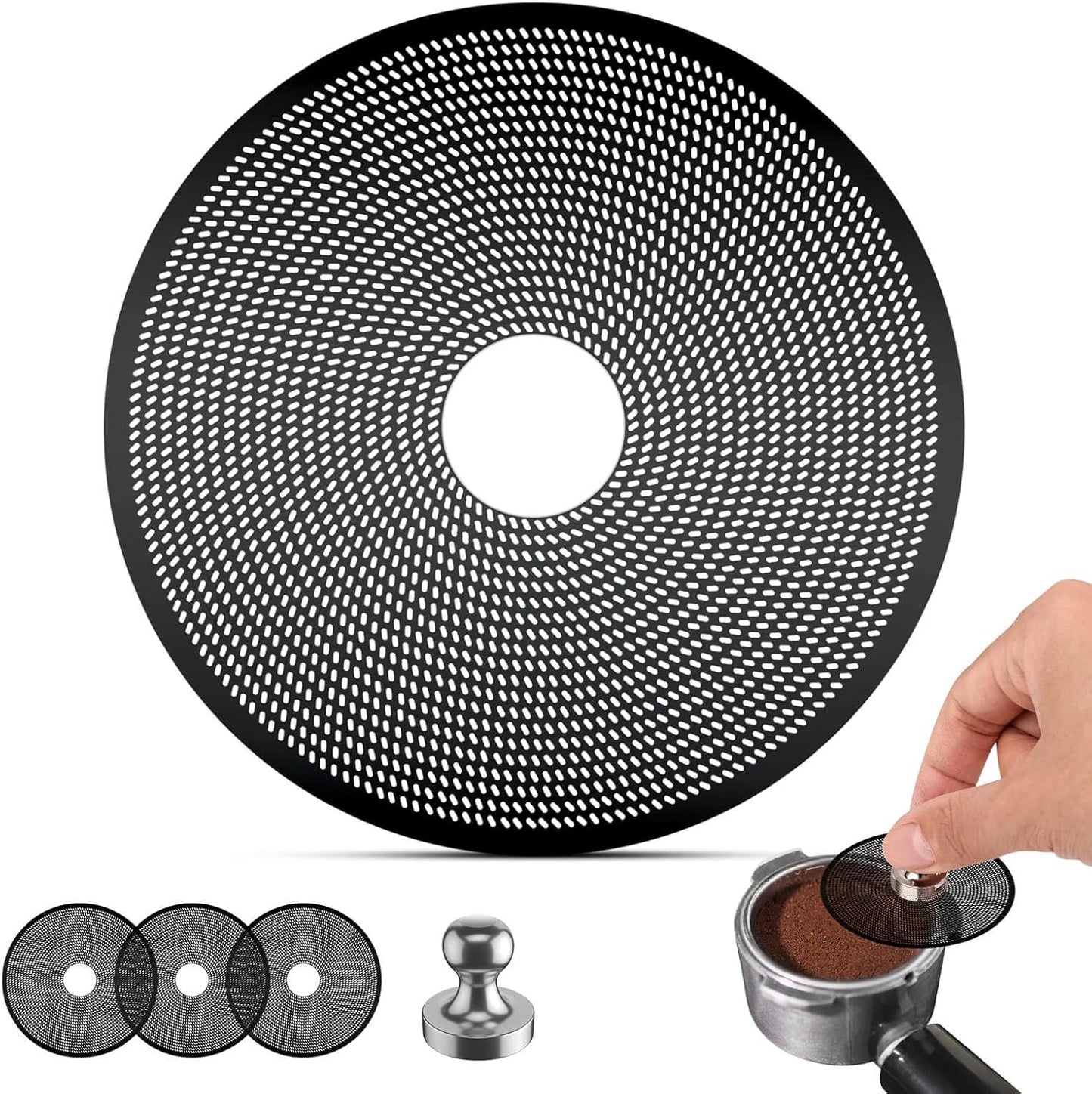 3 Pcs 58mm Espresso Puck Screen with Round Hole in the Middle - 0.2mm Ultra Thin Espresso Puck, Stainless Steel Reusable Coffee Filter, Suitable for La Marzocco/Gaggia (Black)