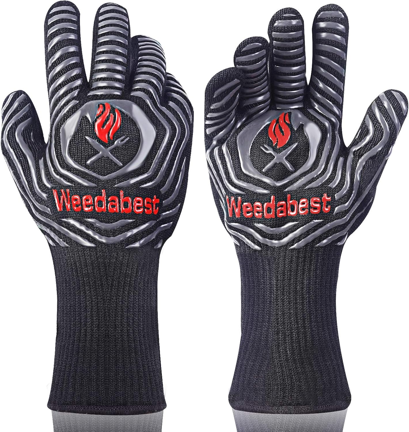 WEEDABEST Hot BBQ Gloves Heat Resistant Kitchen Oven Mitts Professional Long Heat Resistant Cooking Gloves for Grill,Grilling,Smoker,Barbeque,13.5 inch-Gray