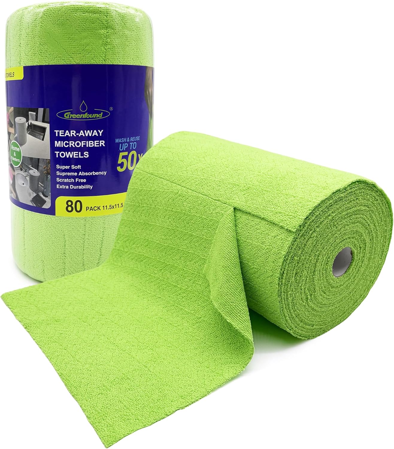Greenfound Microfiber Cleaning Cloth Roll -80 Pack,Tear Away Microfiber Towels for Car,Reusable Paper Towels Washable,Absorbent,Lint Free Cleaning Rags for House,Kitchen,Window-11.5"×11.5"(Wave Green)