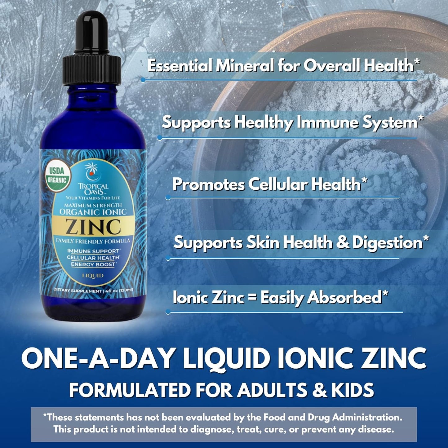 USDA Organic Ionic Zinc Droppers for Men, Women & Kids | Liquid Zinc Supplement Trace Mineral Formula | Immune Function | Skin Health | 98% Absorption | Sugar-Free, Vegan, Non-GMO | 4 Fl Oz