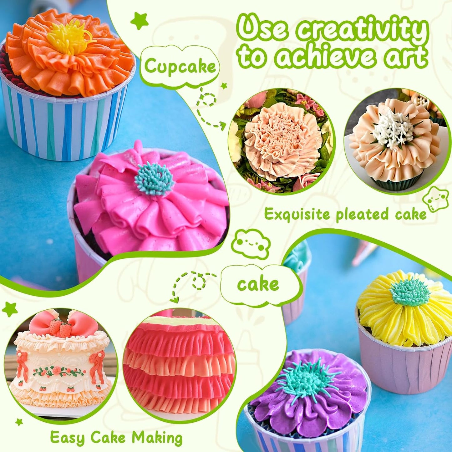 Suuker 7 Pieces Pleated Skirt Piping Nozzles Set, Stainless Steel Russian Nozzles Tips Piping Set For Pastry Fondant,Cake Decorating Supplies Baking Set Tools