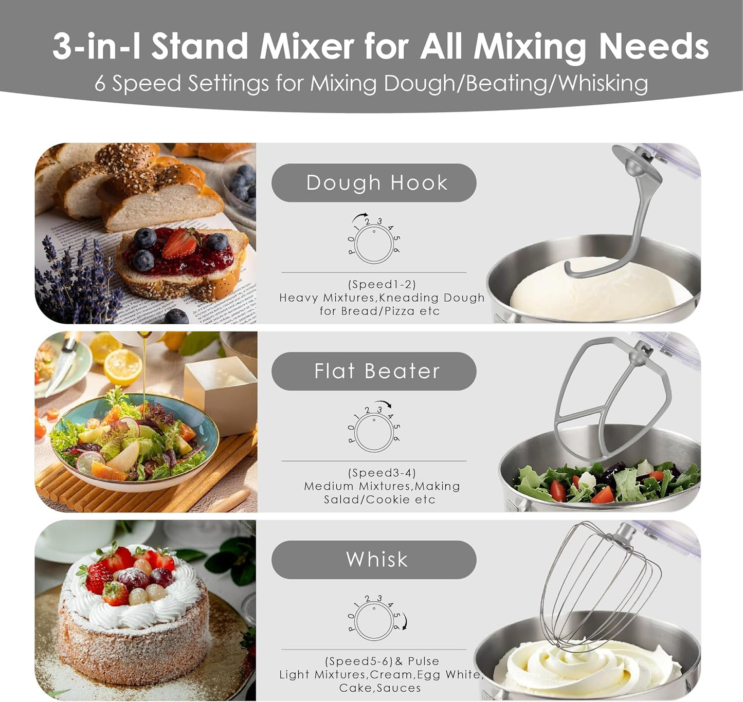 Kitchen in the box Stand Mixer - 900 Watt Heavy Dough Standing Mixers with 6.5 Quart Mixing Bowl, Tilt-head, Dough Hook, Whisk, Flat Beater and Splash Guard (White)