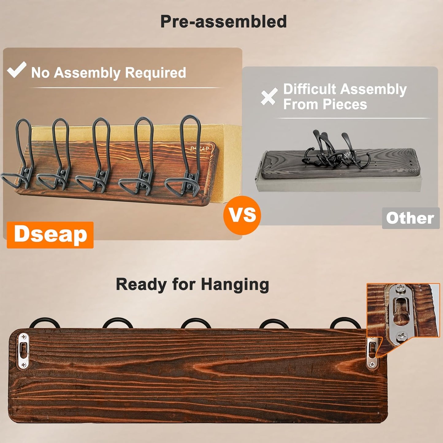 Dseap Coat Rack Wall Mounted - Heavy Duty Farmhouse Rustic Wall Coat Hanger with 5 Wire Hooks for Clothes Hat Jacket Towel, RusticWire, G25A, Weathered Brown & Black, Pack of 2
