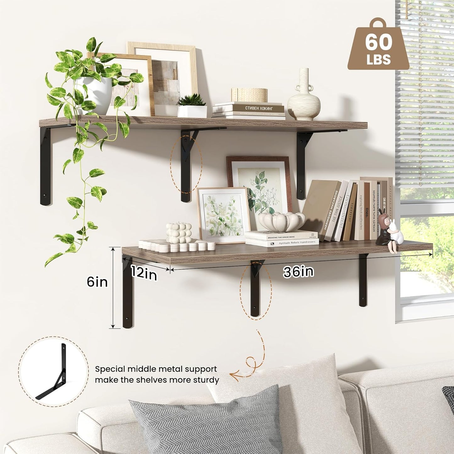 Fun Memories Floating Shelves for Wall, 12 Inch Deep Floating Shelves Set of 2, Wall Mounted Shelf with Metal Brackets, Rustic Wood Wide Shelf for Bathroom, Kitchen and Living Room, Grey, 36W x 12D