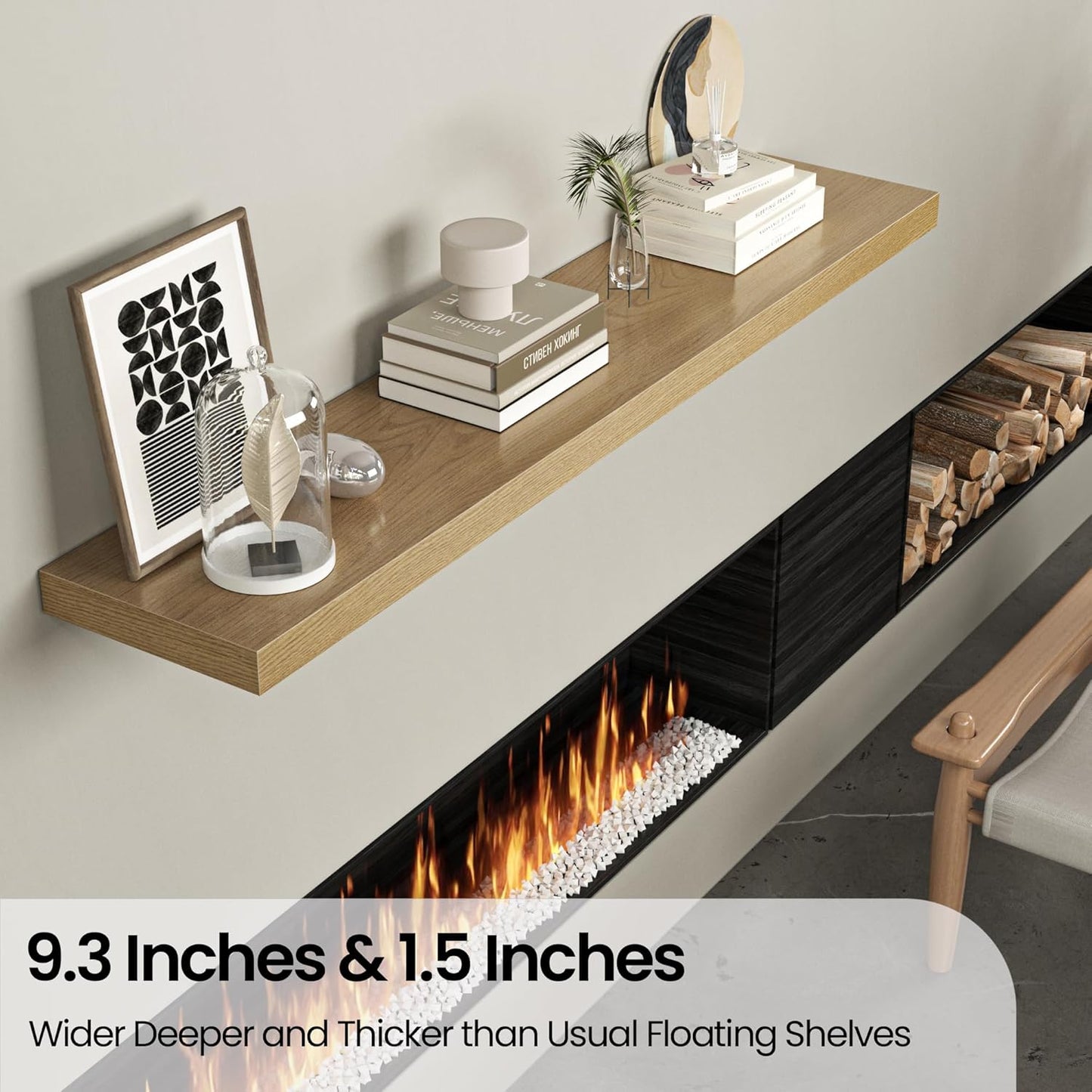 Floating Shelves for Wall, 72"W x 9.3"D x 1.5"H, Long Wooden Wall Mounted Display Shelves with Invisible Brackets for Living Room, Bedroom, Bathroom, Kitchen Decor and Storage, Set of 1, Oak