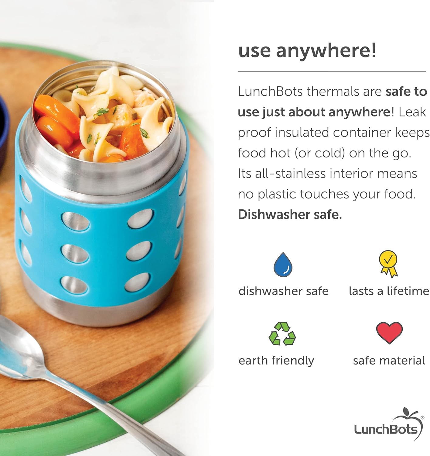 LunchBots Thermal 12 oz Triple Insulated Thermos - Hot 6 Hours or Cold 12 Hours - Leak Proof Thermos Soup Jar - All Stainless Interior - Navy Lid - Aqua Dots