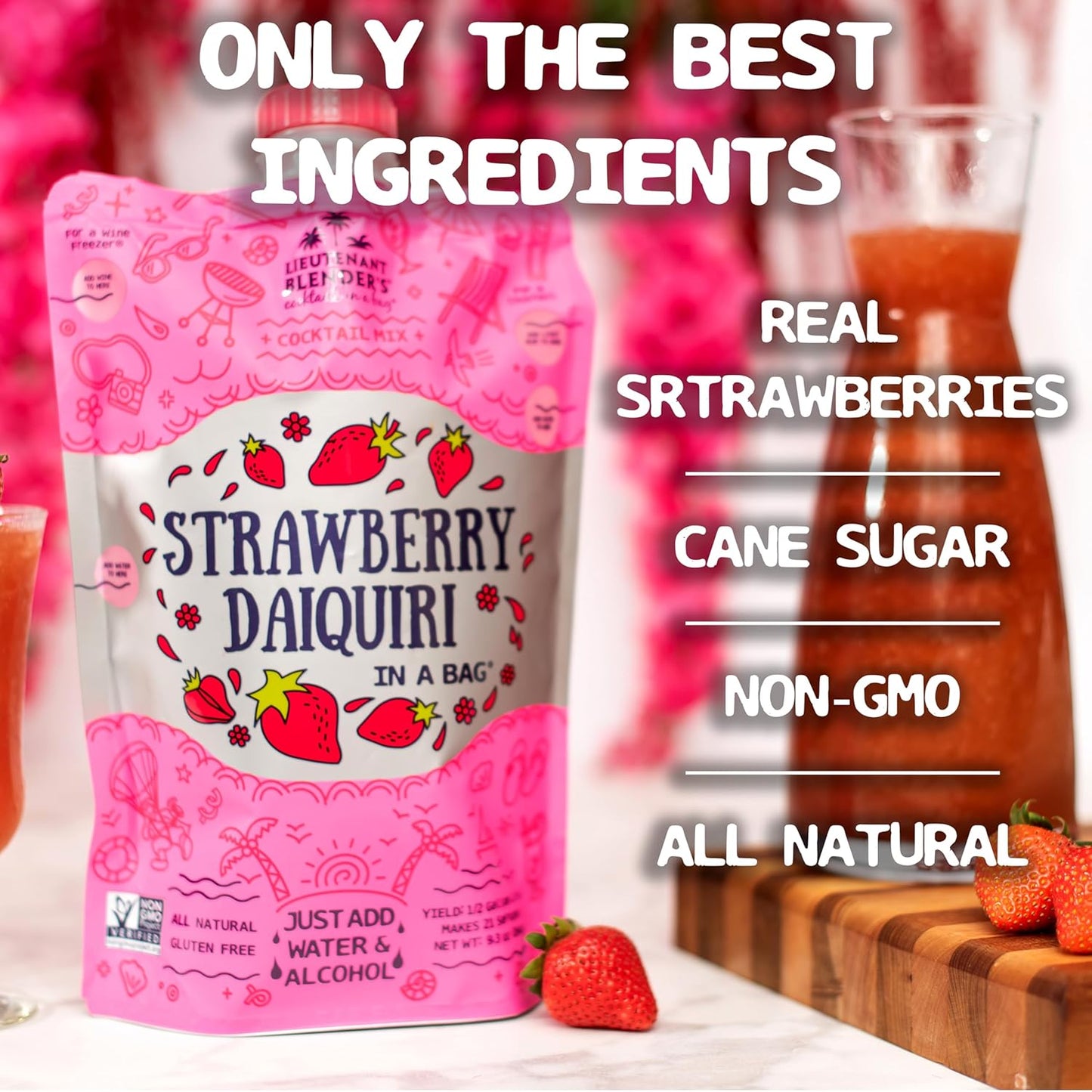 Lt. Blender's Strawberry Daiquiri in a Bag – Strawberry Daiquiri Mix - Each Bag Makes 1/2 Gallon - Non-GMO – No Daiquiri Machine Needed - Make a Cocktail, Wine Slushie or Mocktail - (Pack of 3)