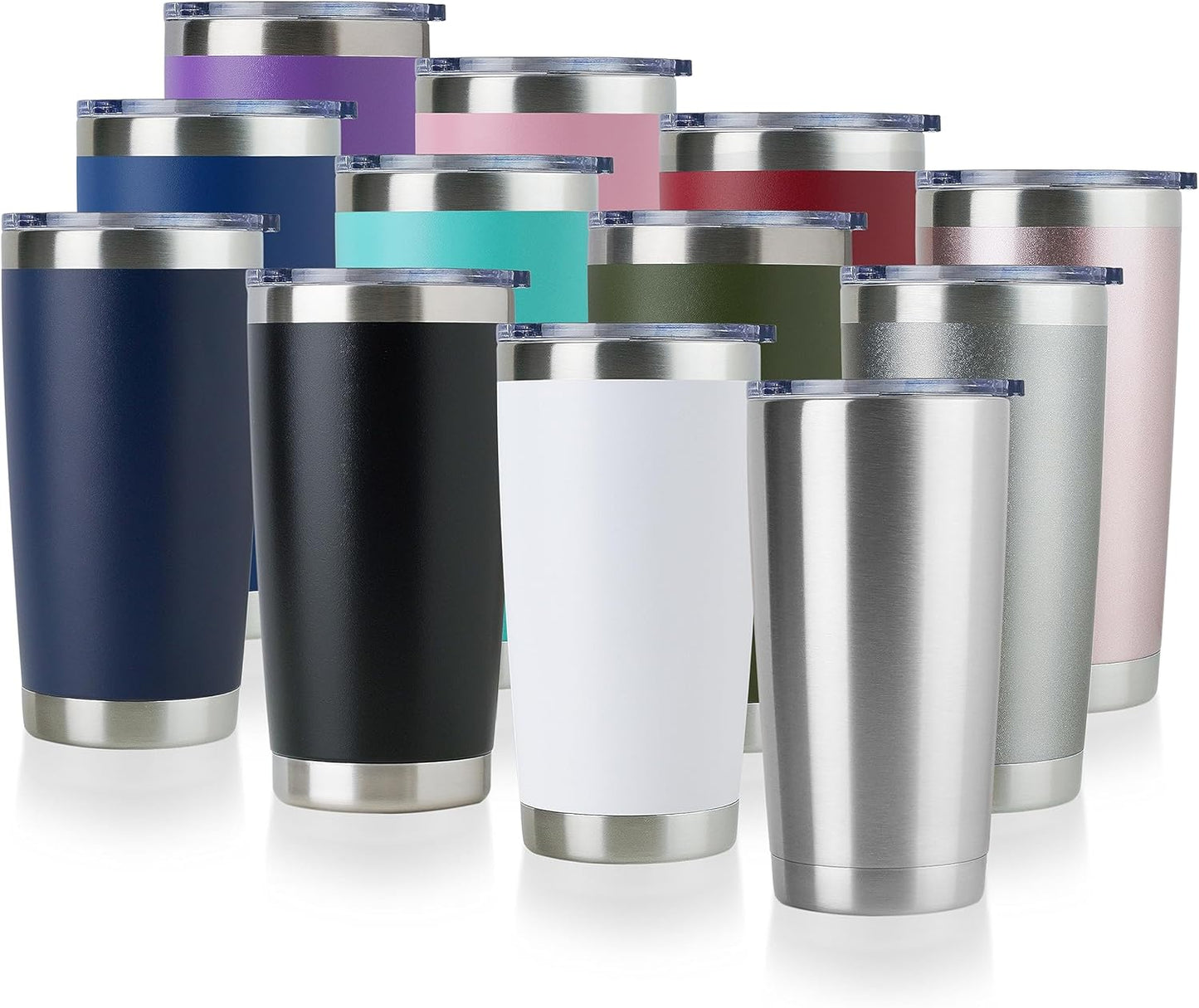 DOMICARE 20oz Stainless Steel Tumbler Bulk with Lid, Double Wall Vacuum Insulated Travel Mug, Powder Coated Coffee Cup (Mix, 12)