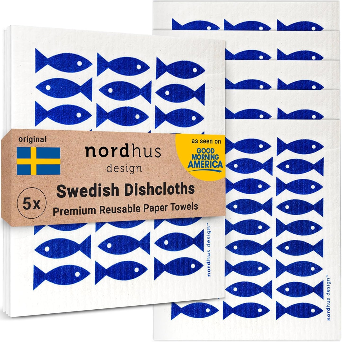 Nordhus Design Swedish Dishcloths,5 Fish Cloths, Made in Sweden - Reusable, Washable Cellulose Cotton Kitchen Cloths - Replace Paper Towels, Wipes, Sponges, Dish Rags