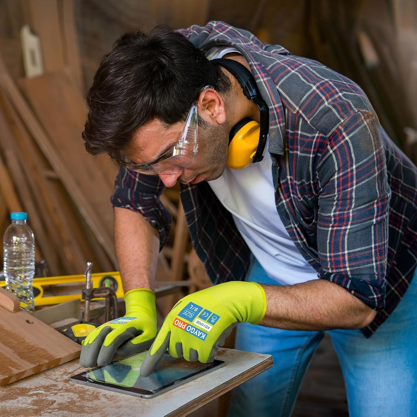 KAYGO Safety Work Gloves PU Coated for Men and Women- KG11P,12 Pairs,Seamless Knit Glove with Two Fingers Touchscreen,Ideal for General Duty Work (Green,XL)