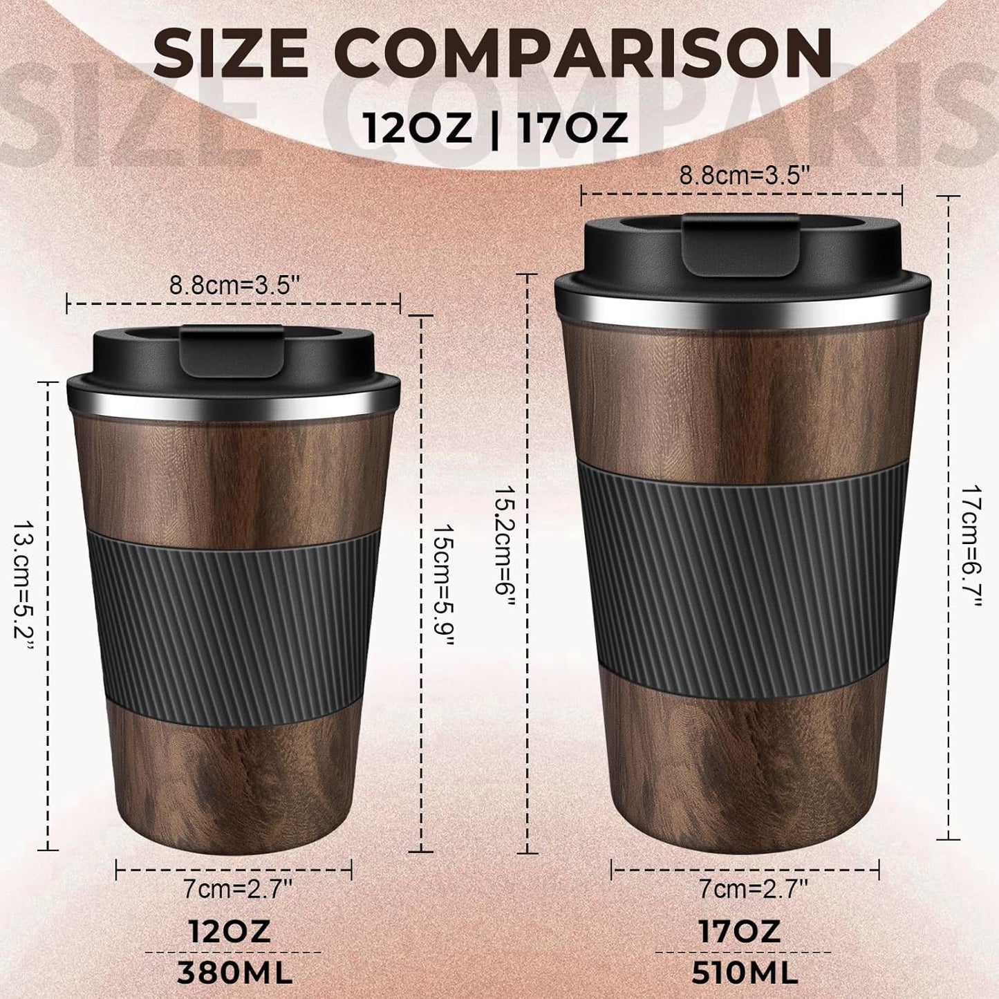 Insulated Coffee Tumbler 12 oz, Stainless Steel Coffee Mug with Lids, Travel Coffee Mug Leak Proof, Double Wall Vacuum Insulated Reusable Coffee Cup, Keep Drinks Hot and Cold (Wood, 12 Ounces)