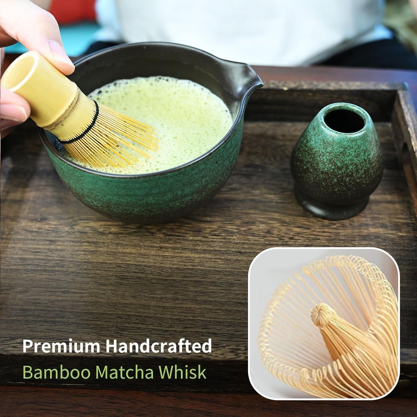 Matcha Whisk Set,Matcha Set Includes Ceramic Bowl with Spout,Stainless Sifter,Scoop,Whisk and Holder,Complete 5 Pcs Japanese Matcha Kit Making Tools,Green