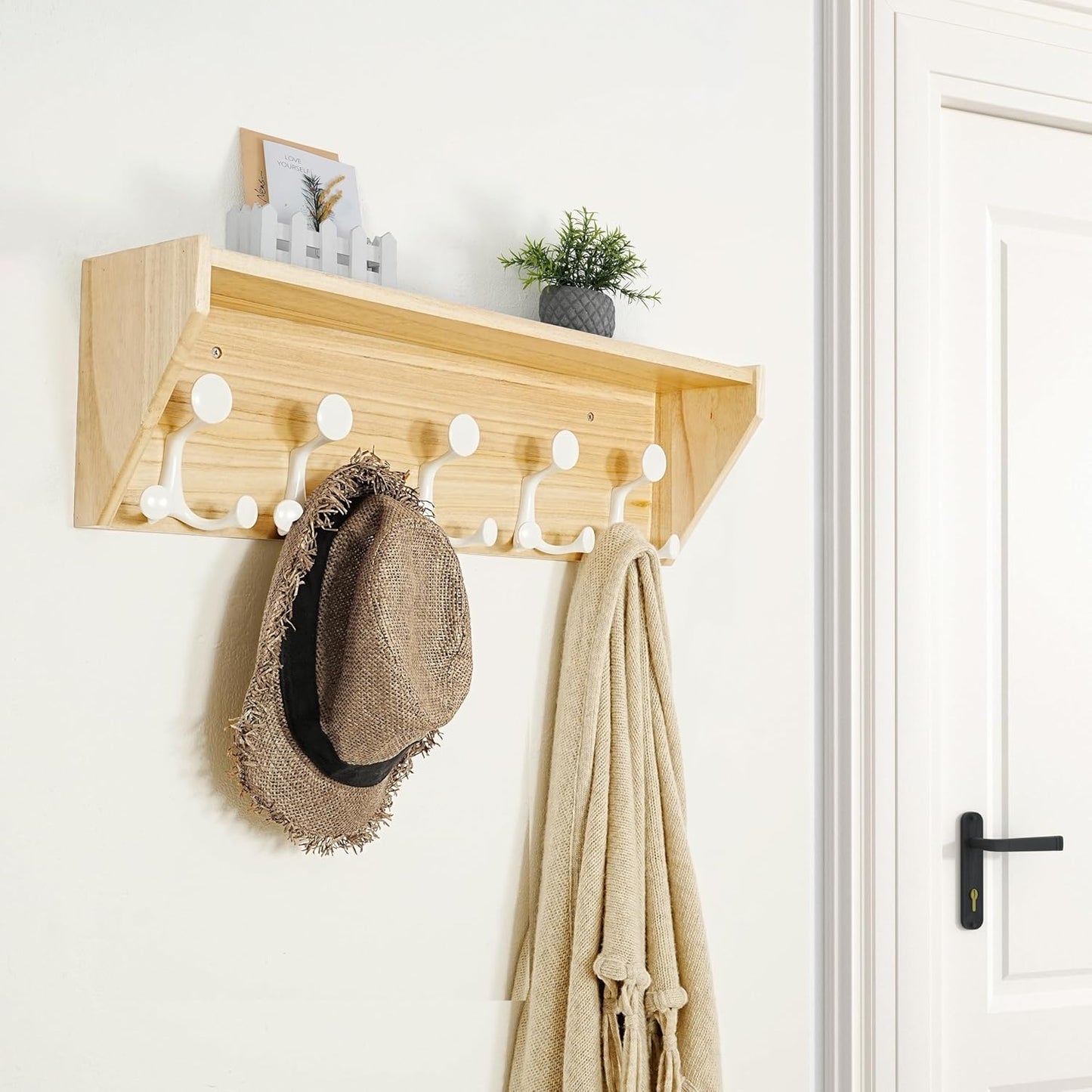 SKOLOO Wall Shelf with Hooks, 24-Inch Coat Rack Wall Mount with Shelf Organizer - Lightweight & Sturdy, 5 Tri Hooks - Perfect for Entryway, Hallway, Living Room, Bedroom, Mudroom, Natural & White