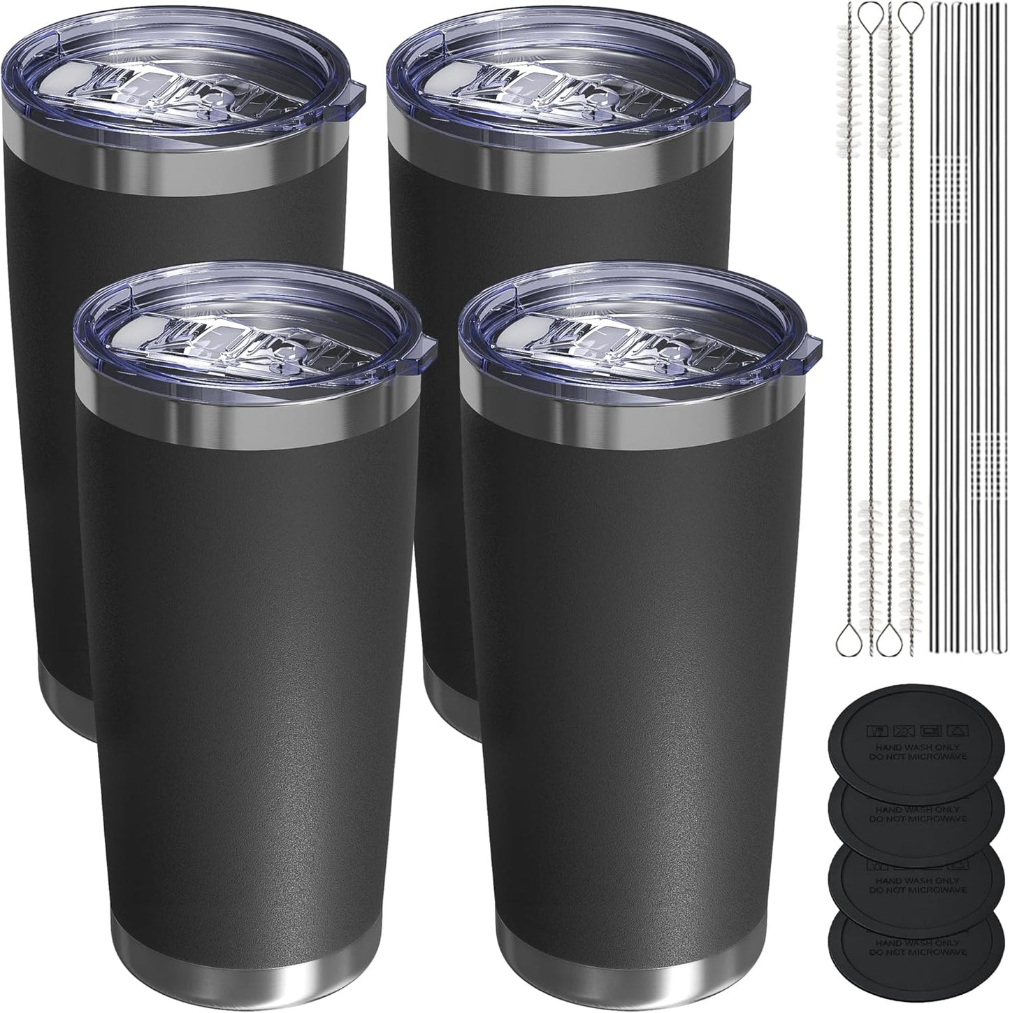 Travel Coffee Tumbler 20oz, 4 Pack Leakproof Travel Coffee Mug with Lid and Straw, Stainless Steel Double Wall Vacuum Insulated Tumbler for Hot/Iced Drinks (Textured Matte, Black)