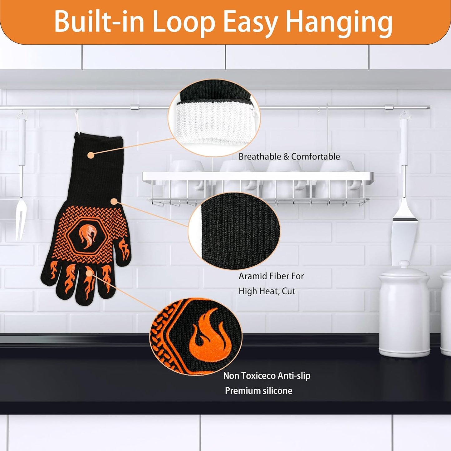 BBQ Fireproof Gloves, Grill Cut-Resistant Gloves 1472°F Heat Resistant Gloves, Non-Slip Silicone Oven Gloves, Kitchen Safe Cooking Gloves for Oven Mitts,Barbecue,Cooking, Frying,13.5 Inch-Orange