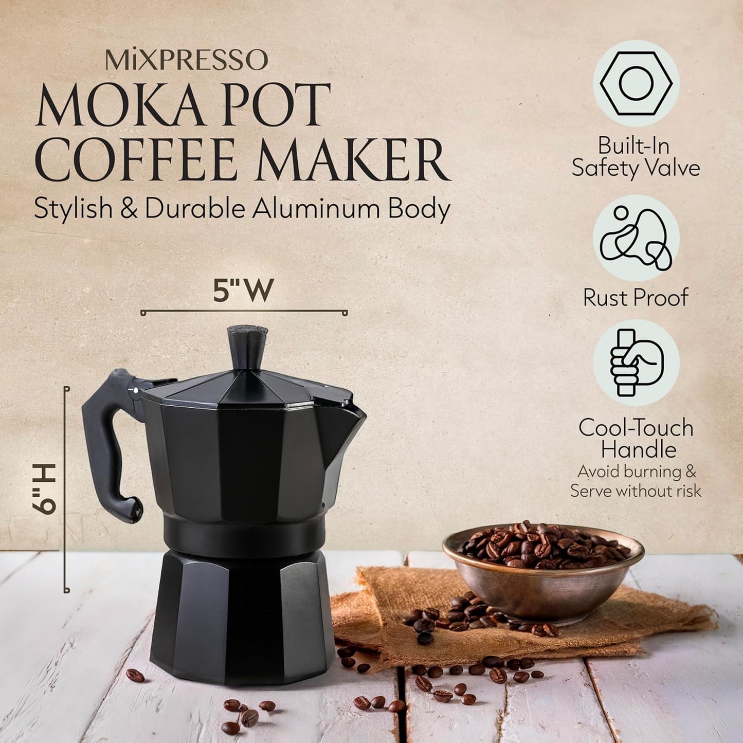 Mixpresso Black 3 Cup Moka Pot Cuban Coffee Maker, Moka Pot for Gas, Electric Stove Top, Classic Italian Coffee Maker, Stovetop Espresso Maker, Camping Pot Makes 3 Espresso Cup 5 Oz