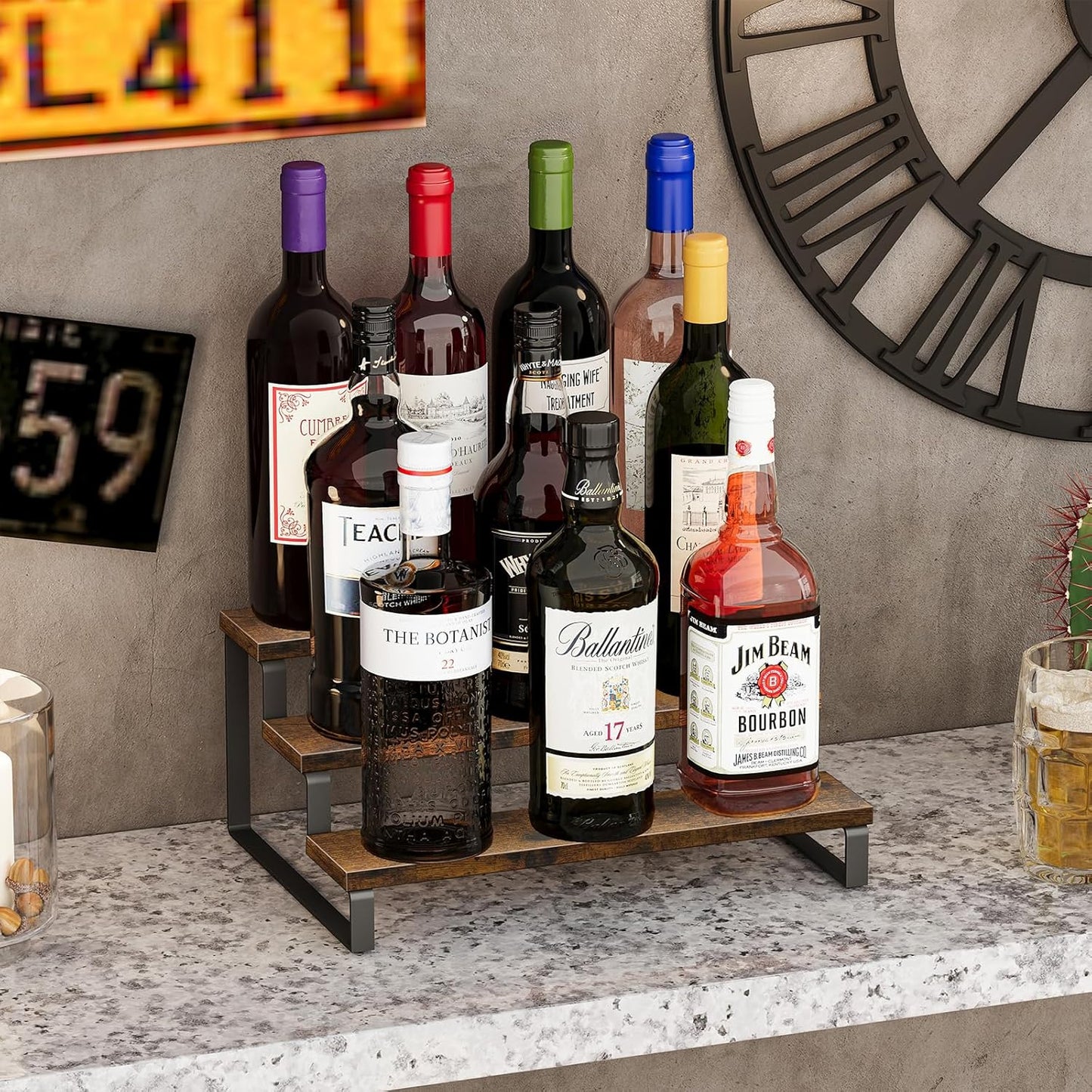 Giikin 3-Tier Spice Rack, 13.8 Inch Wood Step Shelf Countertop Spice Storage Holder, Kitchen Pantry Cabinet Organizer Cupboard for Spice Bottles, Jars, Seasonings, Baking Supplies, Metal Frame