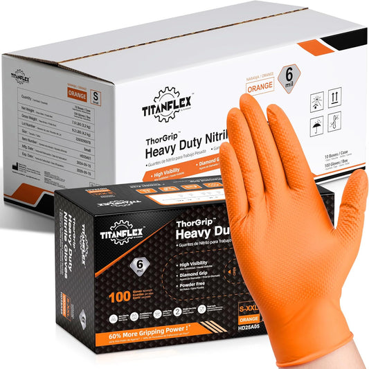 TitanFlex Heavy Duty Nitrile Gloves, 6 Mil Orange Raised Diamond Texture, Mechanic Disposable Gloves Latex Free Powder Free