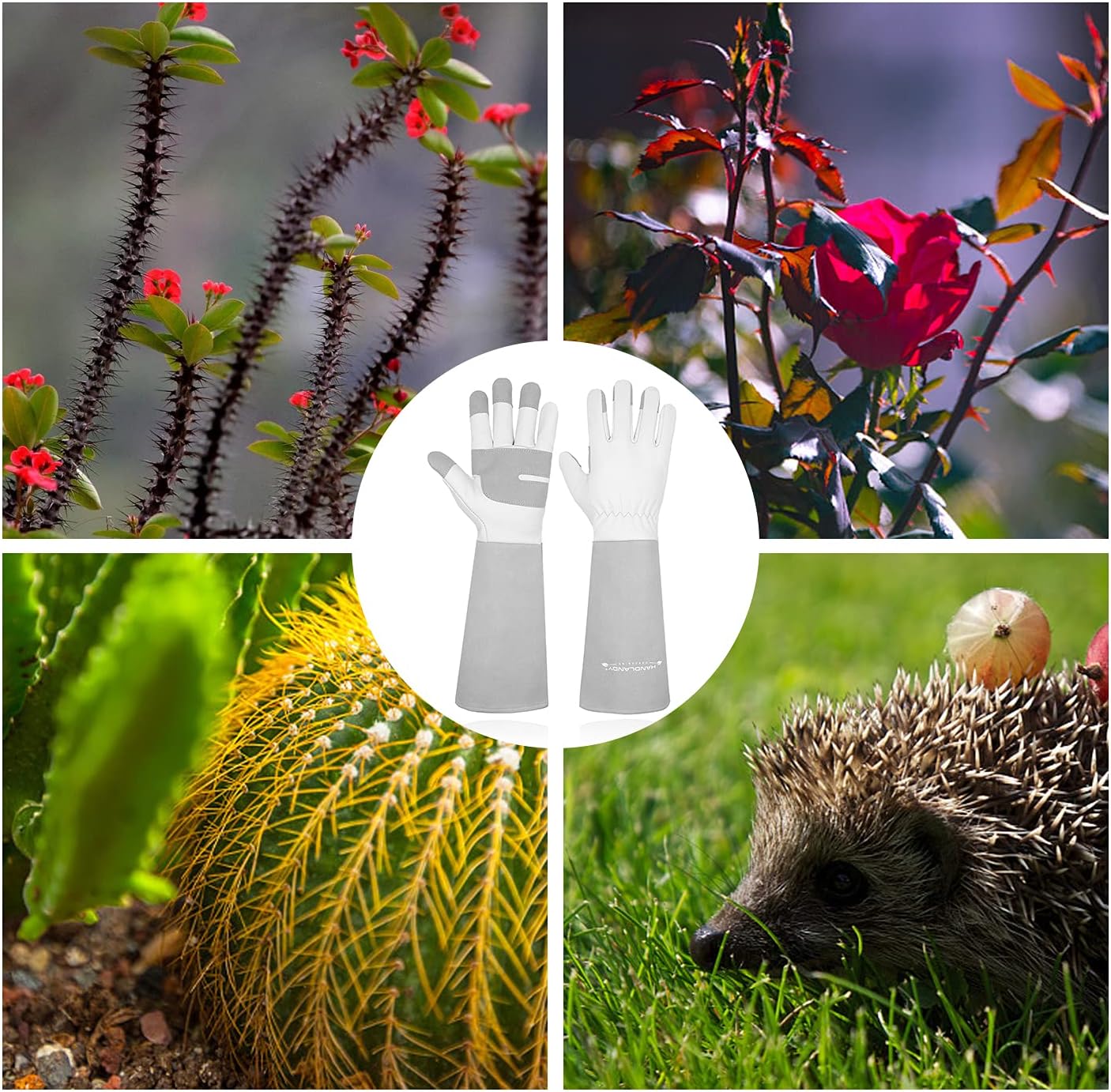 HANDLANDY Long Gardening Gloves for Men & Women, Thorn Proof Rose Pruning Gloves Leather Gauntlets Garden Glove Yard Work Glove (Medium, Grey)