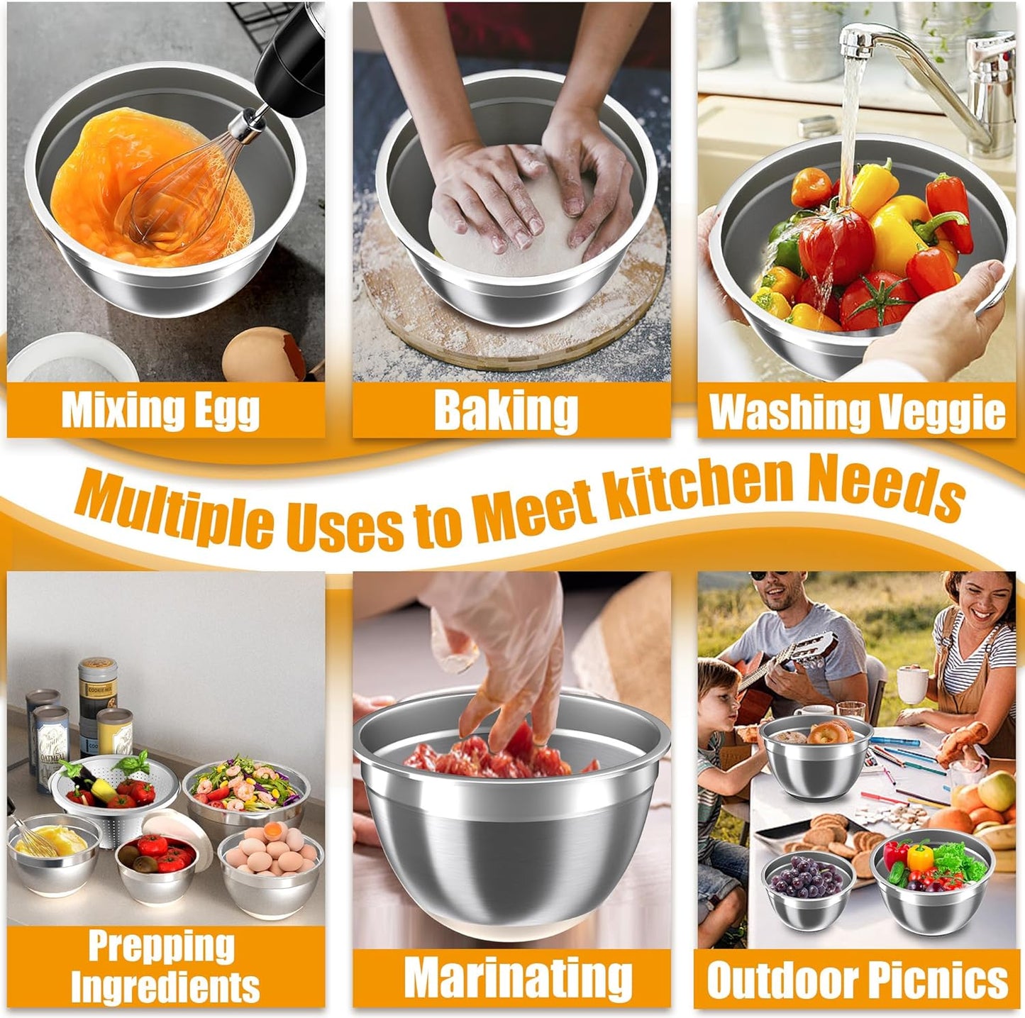 Mixing Bowls with Airtight Lids Set, 4 Stainless Steel Bowls Nesting Bowls & Colander, Kitchen Organizers and Storage Non-Slip Bottom, Size 1.5/2.0/2.5/4.5QT, Great for Mixing & Serving, Khaki