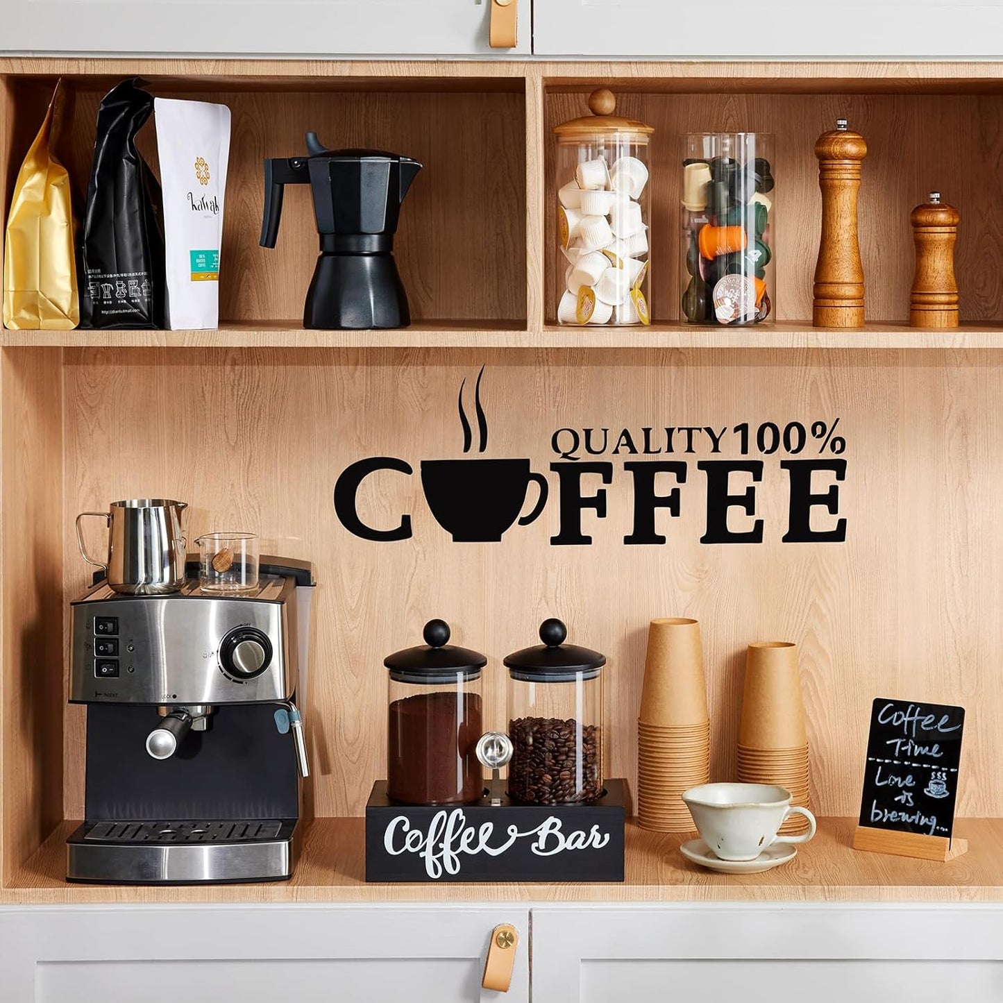 Yangbaga Glass Sugar Coffee Canister for Ground Coffee,2×55OZ Coffee Containers with Handle Shelf Coffee Bar Station Accessories Organizer Decor,Food Storage Jars with Iron Coffee Scoop for Kitchen