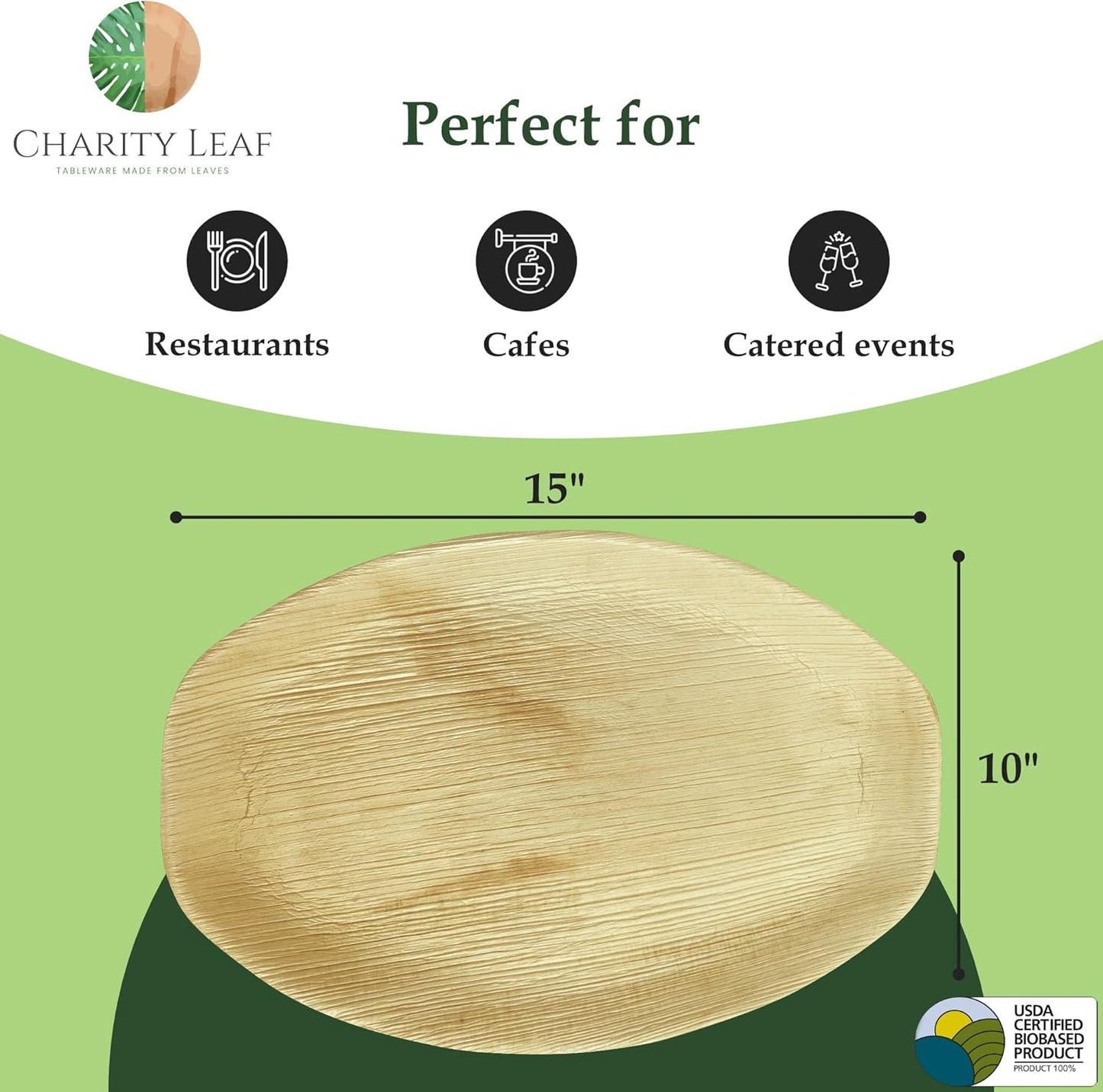 Charity Leaf Disposable Palm Leaf 15" x 10" Trays (25 pieces) Bamboo Like Serving Platters, Disposable Boards, Eco-Friendly Dinnerware For Weddings, Catering, Events