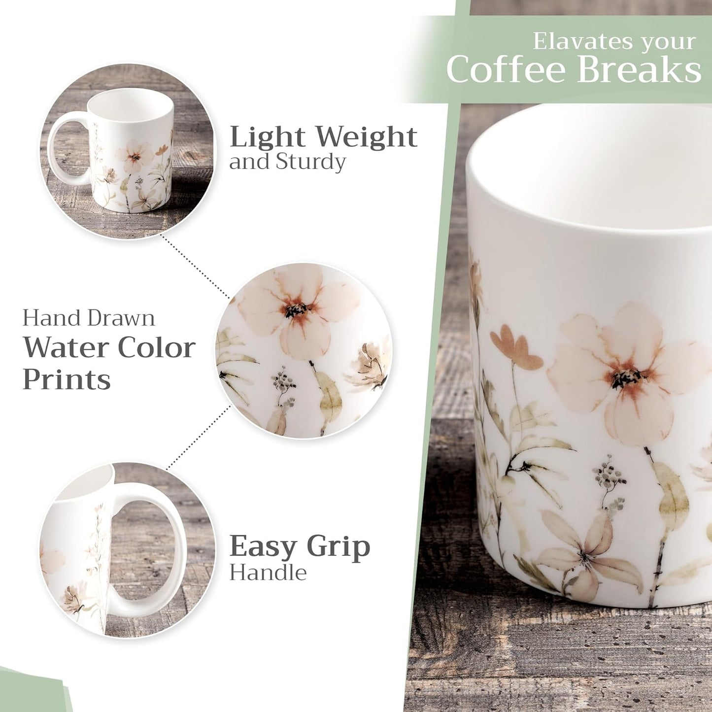 Maison d' Hermine Coffee Mug with Handles Fine Bone China Mugs Pack of One Tea Cups for Hot Beverages Cappuccino Latte Home Office Perfect for Gift (Ice Florals - Romantic Morning, 15 Ounce)